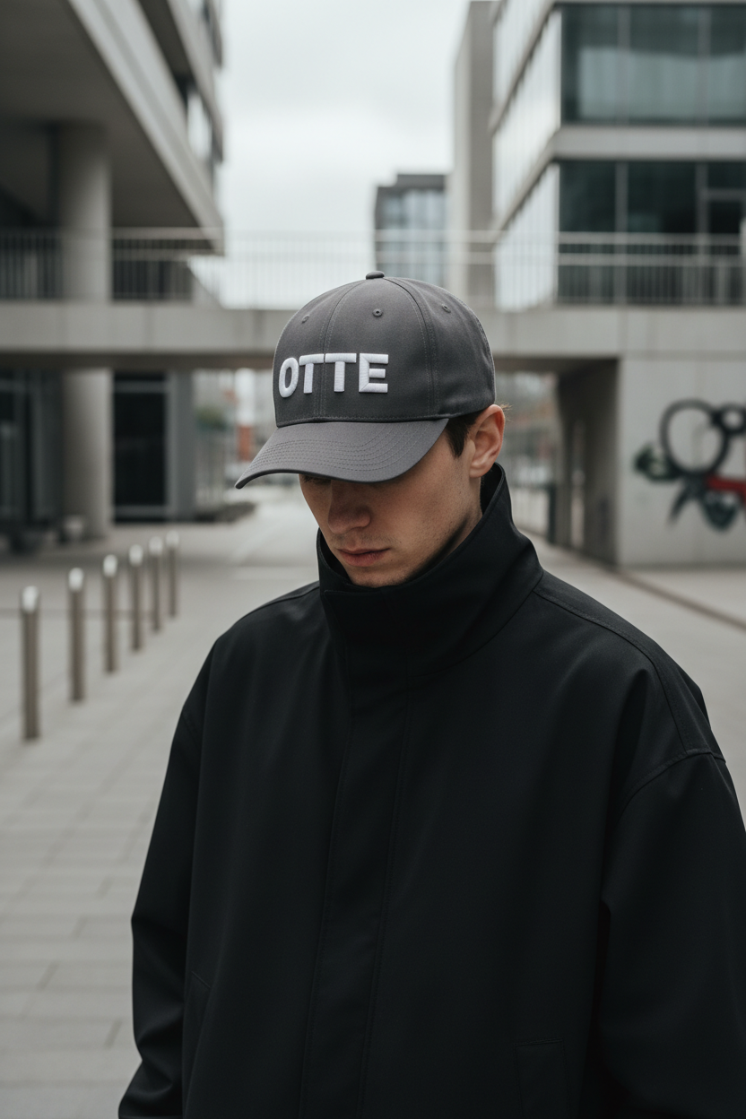 Model draagt een OTTE pet met geborduurd O-logo