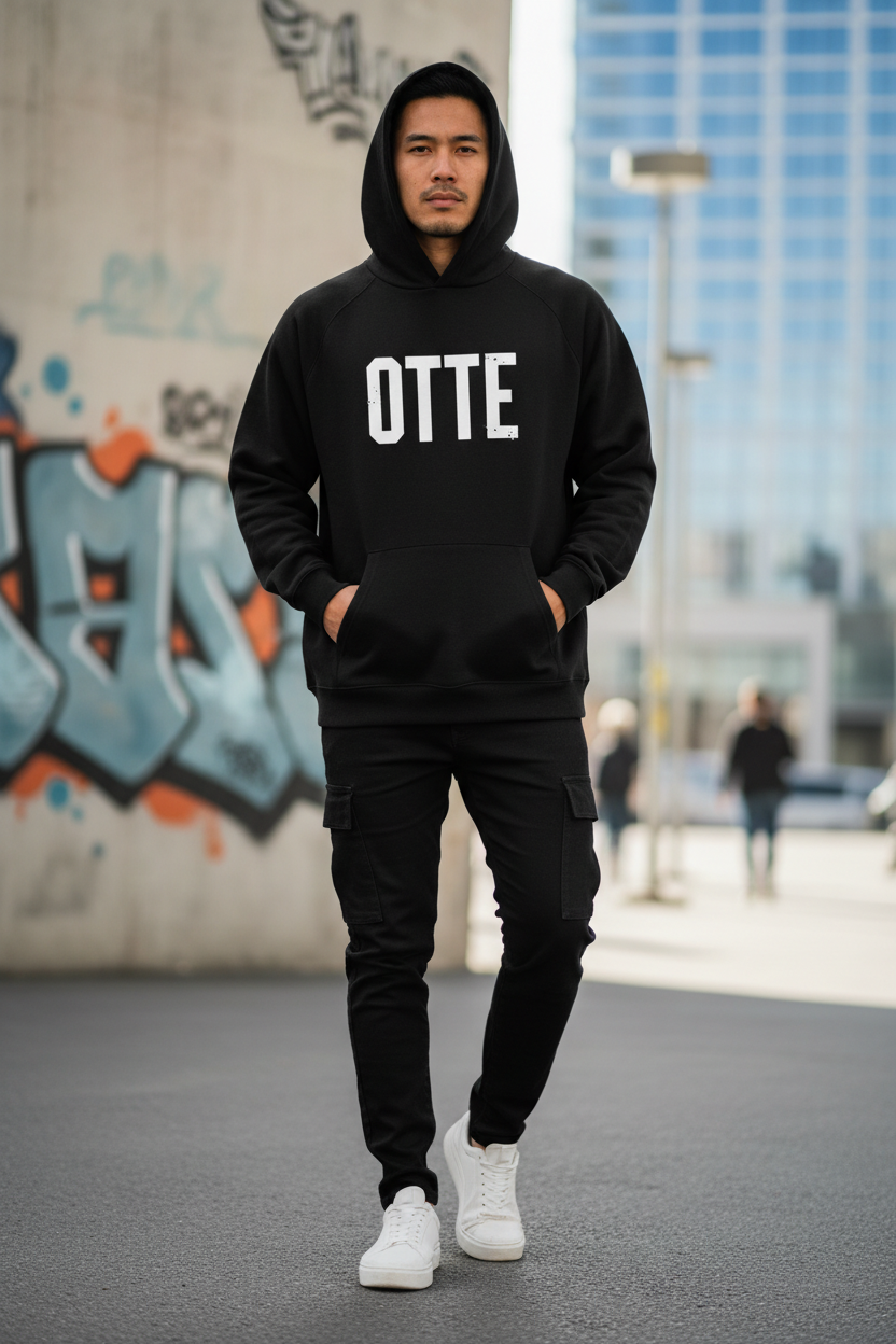 Model draagt een oversized OTTE hoodie op straat