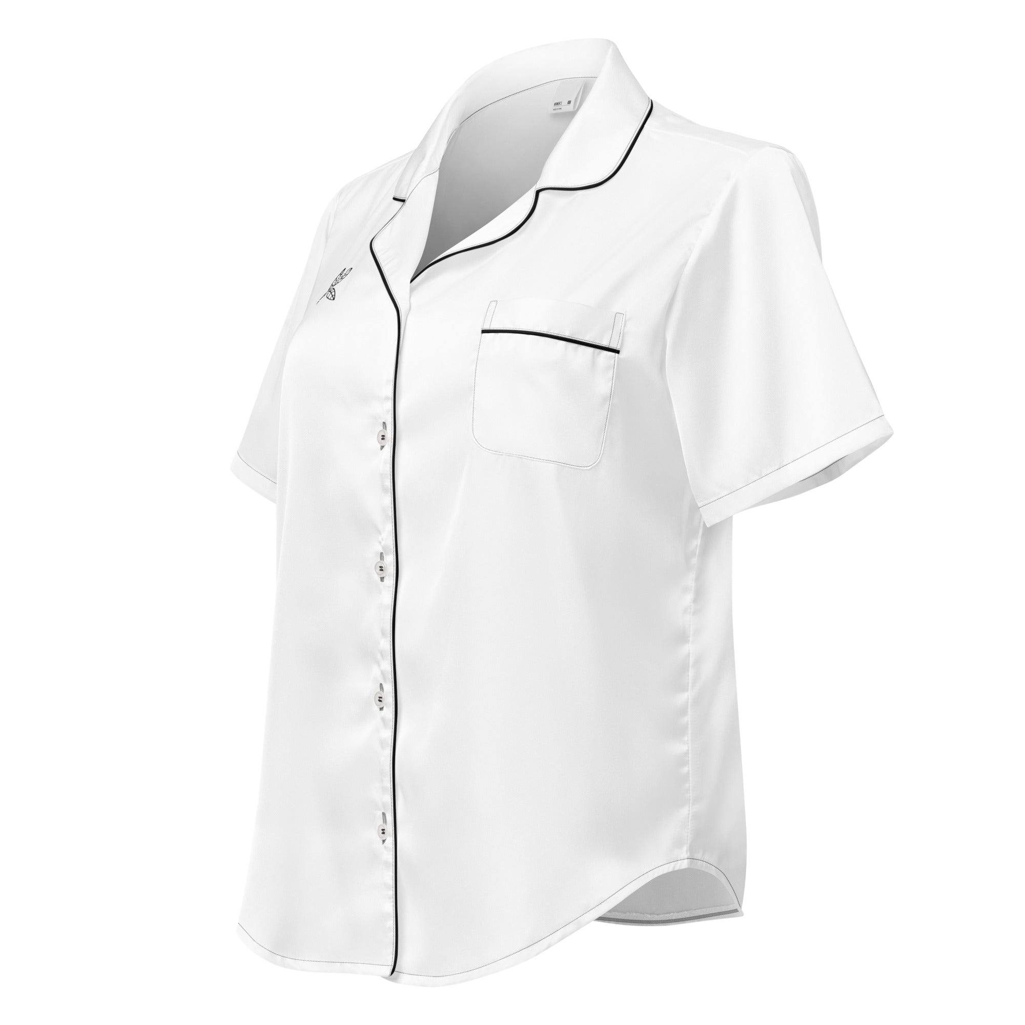 Dames korte mouwen pyjama top in wit met zwarte randen en een zakje aan de voorkant voor comfortabele nachtkleding.