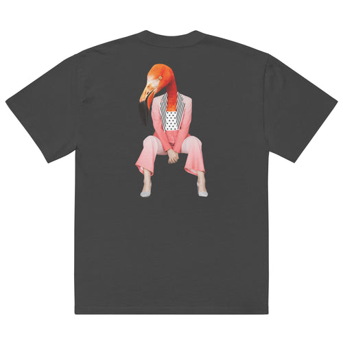 Flamingo Fusion Tee, faded black, achterkant met flamingo-print