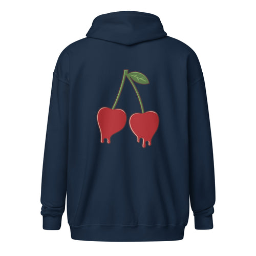 Cherry Drip Zip Hoodie, navy, achterkant met cherry-drip print
