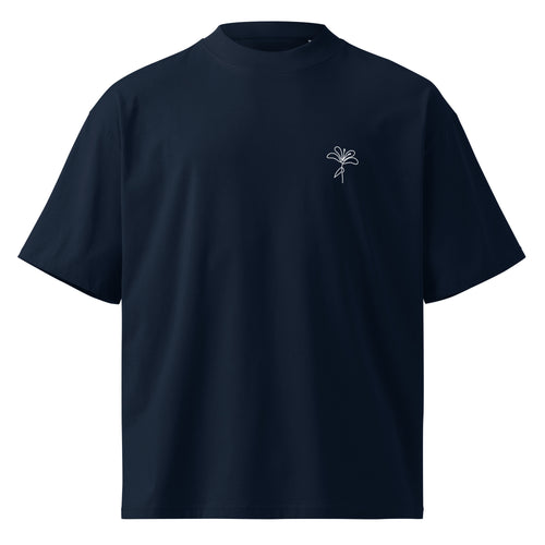 Flow Tee, french navy, voorkant met bloemdetail